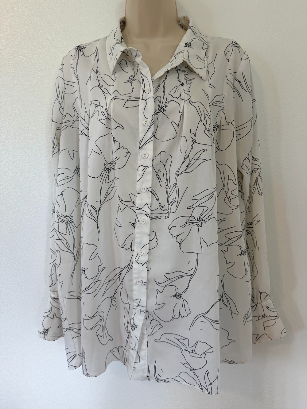 Lulu's Ivory Button-Front Shirt with Black Floral Line Print
